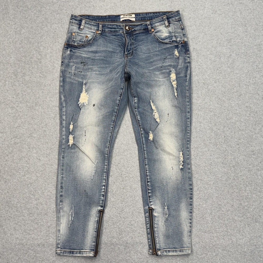 One Teaspoon Jeans Womens 31 (34x27) Blue Skinny Light Wash Distressed Ankle Zip